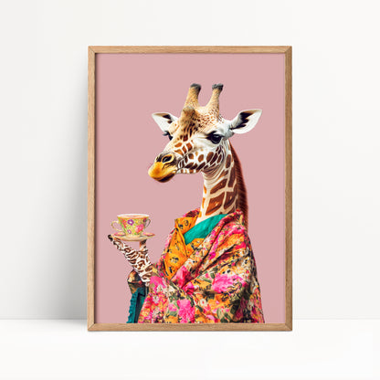 Giraffe Drinking Tea Maximalist Print