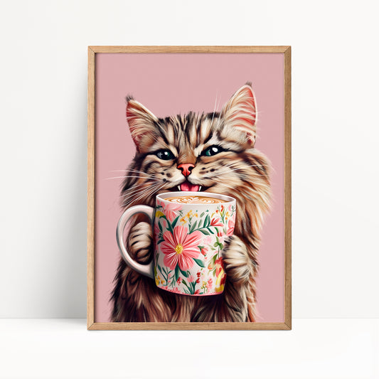 Tabby Cat Drinking Coffee Print