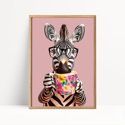 Zebra Drinking Coffee Print