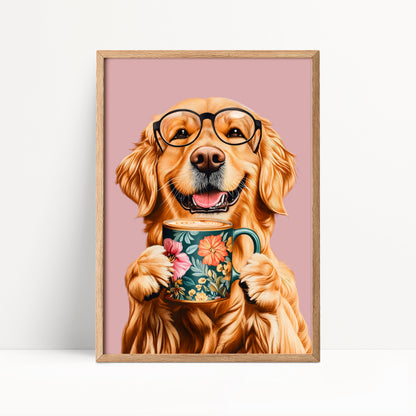 Golden Retriever Drinking Coffee Print