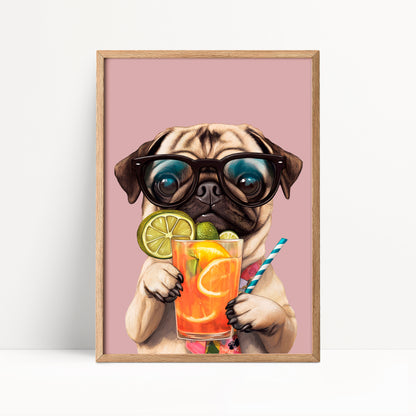Pug Drinking Cocktail Print
