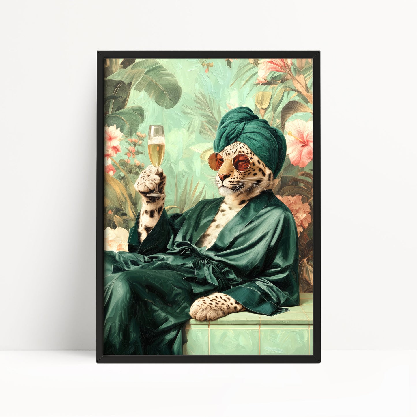 Funny Snow Leopard in Robe Print: Green Maximalist & Jungle Safari Home Decor
