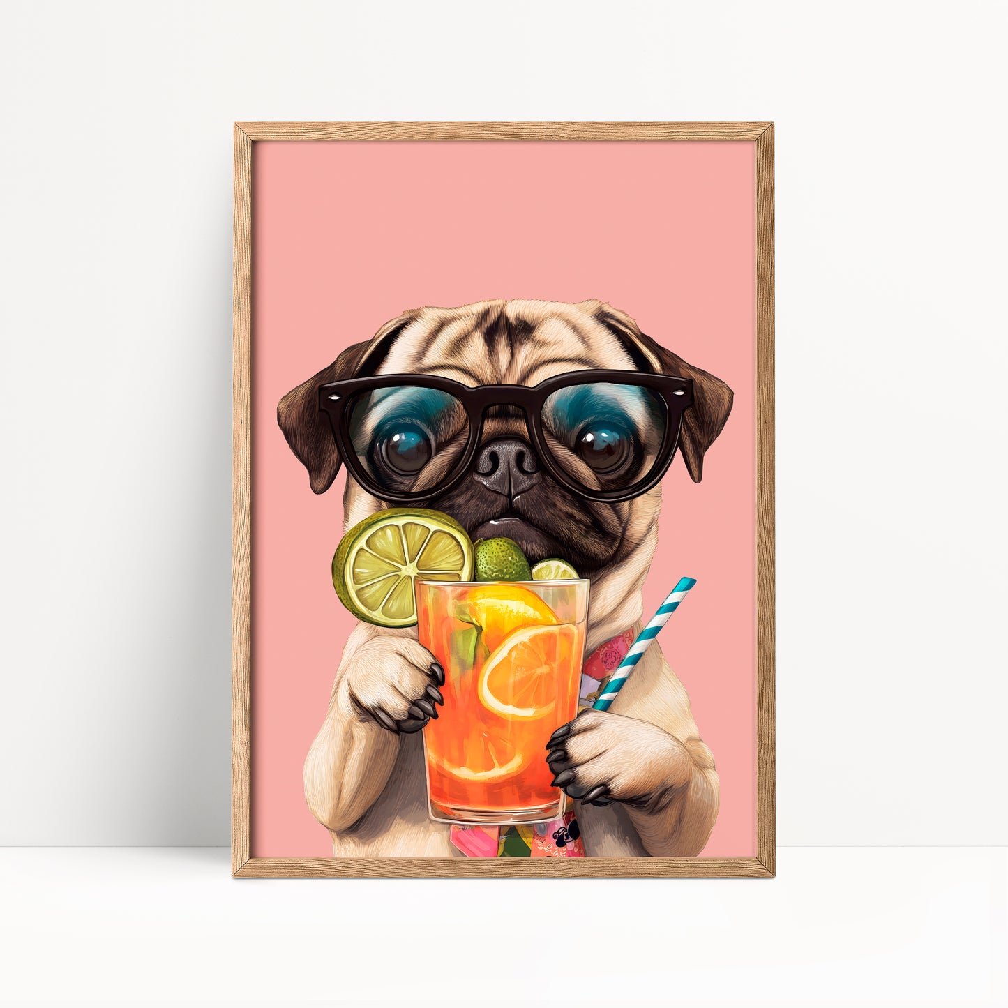 Pug Drinking Cocktail Print