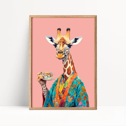 Giraffe Drinking Tea Print
