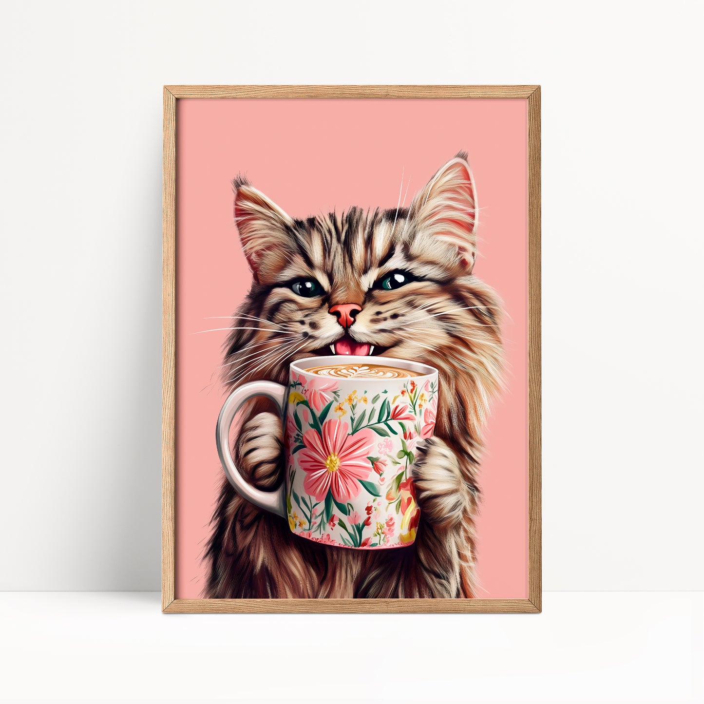 Tabby Cat Drinking Coffee Print