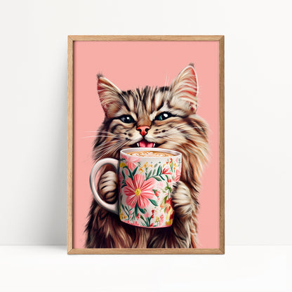 Tabby Cat Drinking Coffee Print