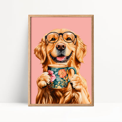 Golden Retriever Drinking Coffee Print