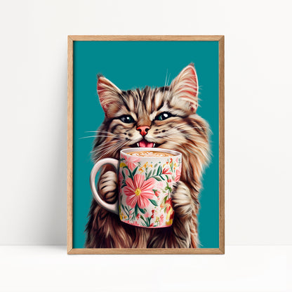 Tabby Cat Drinking Coffee Print