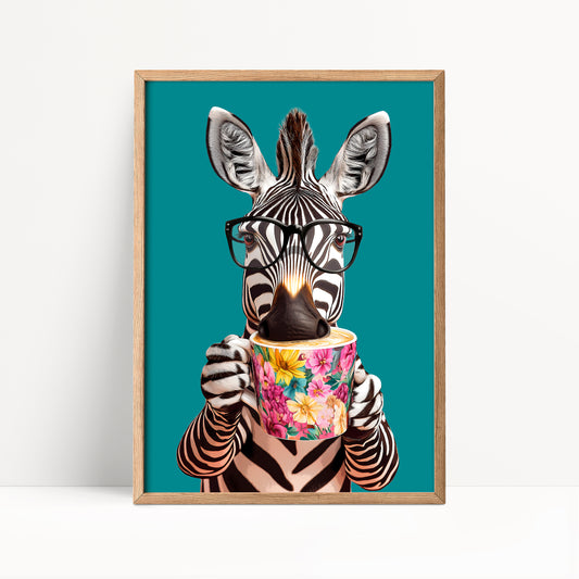 Zebra Drinking Coffee Print