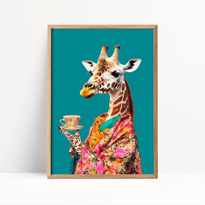 Giraffe Drinking Tea Maximalist Print