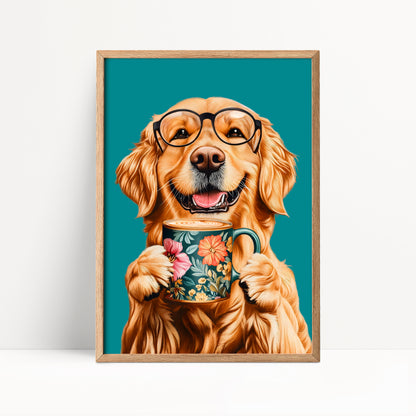 Golden Retriever Drinking Coffee Print