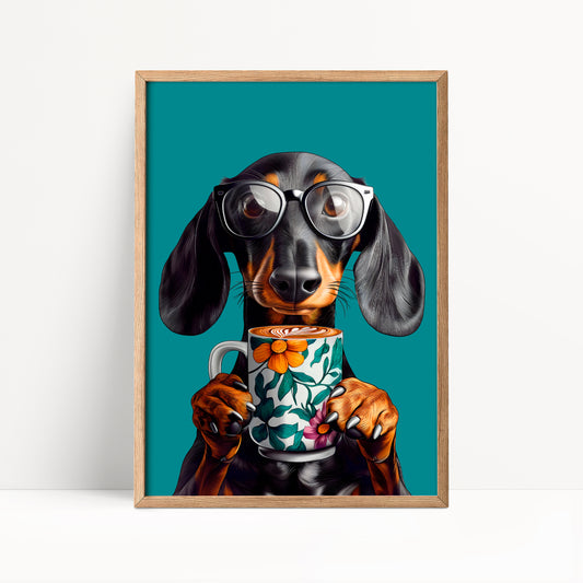 Sausage Dog Drinking Coffee Kitchen Print