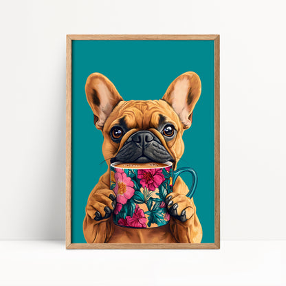 French Bulldog Drinking Coffee Kitchen Print