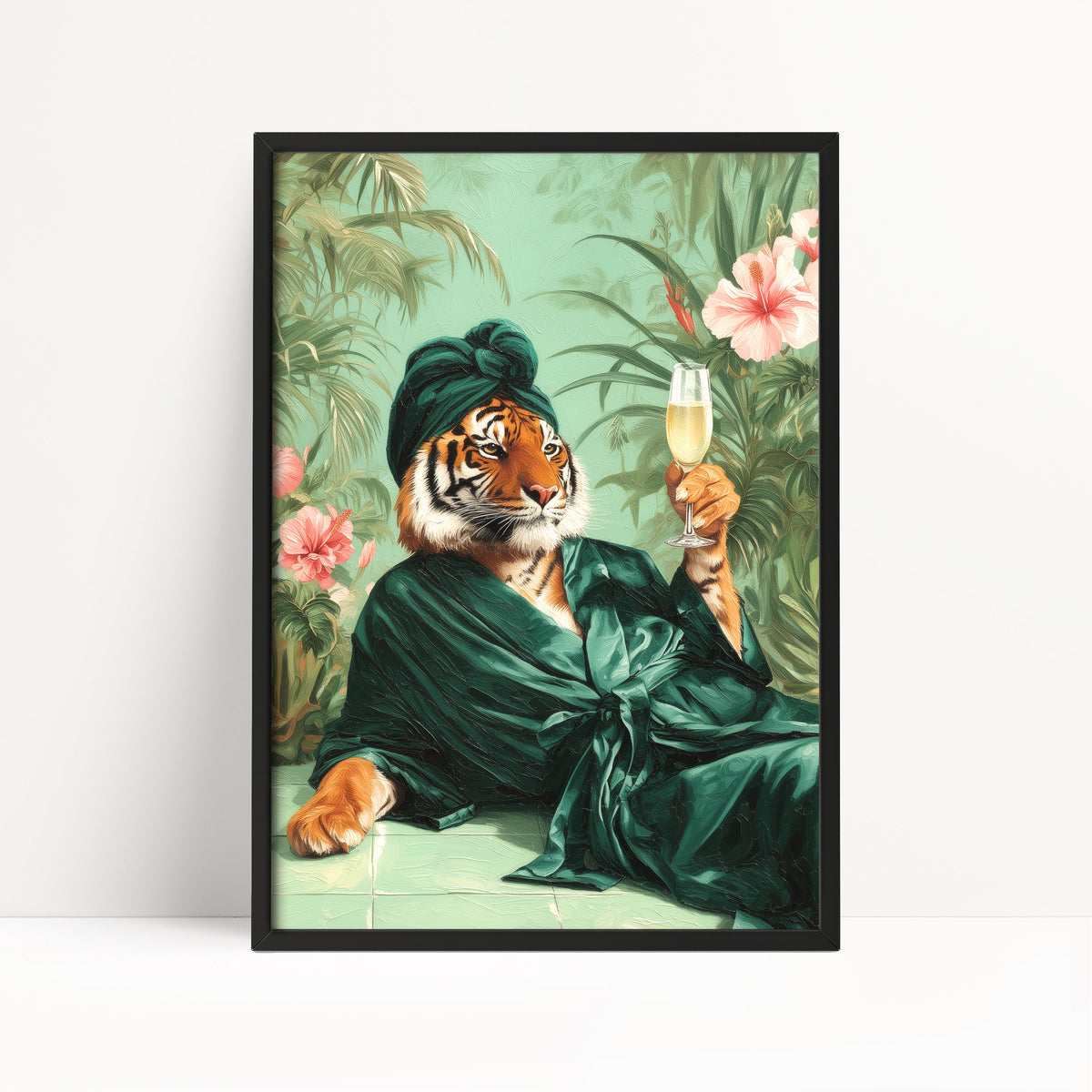 Funny Tiger in Robe Print: Green Maximalist & Jungle Safari Home Decor