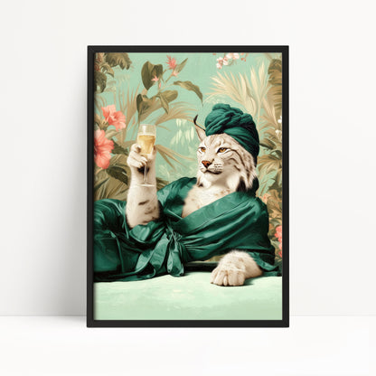 White Iberian Lynx in Robe Print: Green Maximalist & Jungle Safari Home Decor