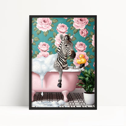 Funny Zebra in Bathtub Poster – Quirky Bathroom Wall Art