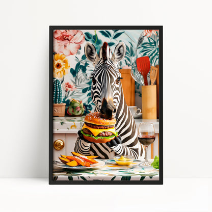 Funny Zebra Eating Burger Poster – Maximalist Kitchen Wall Art