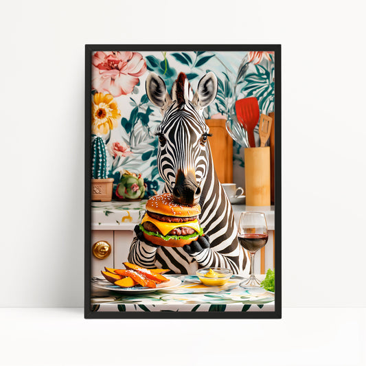 Funny Zebra Eating Burger Poster – Maximalist Kitchen Wall Art
