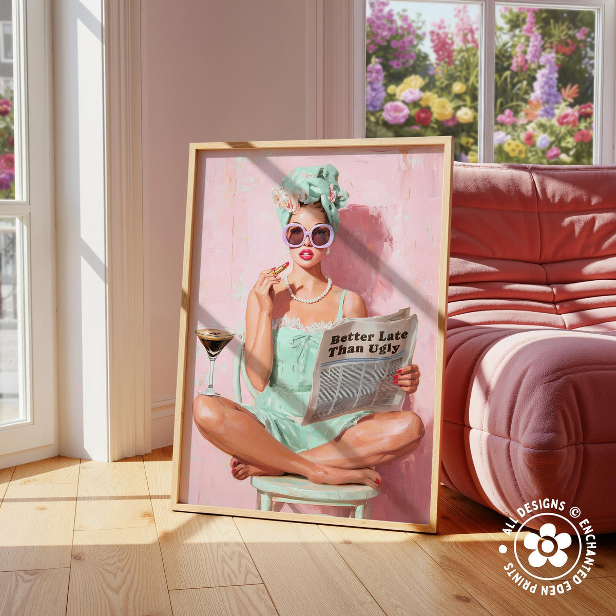 Retro Coquette Wall Art – 1950s “Better Late Than Ugly” Quote Print