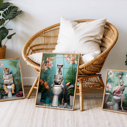 a wicker chair sitting next to three pictures of cats