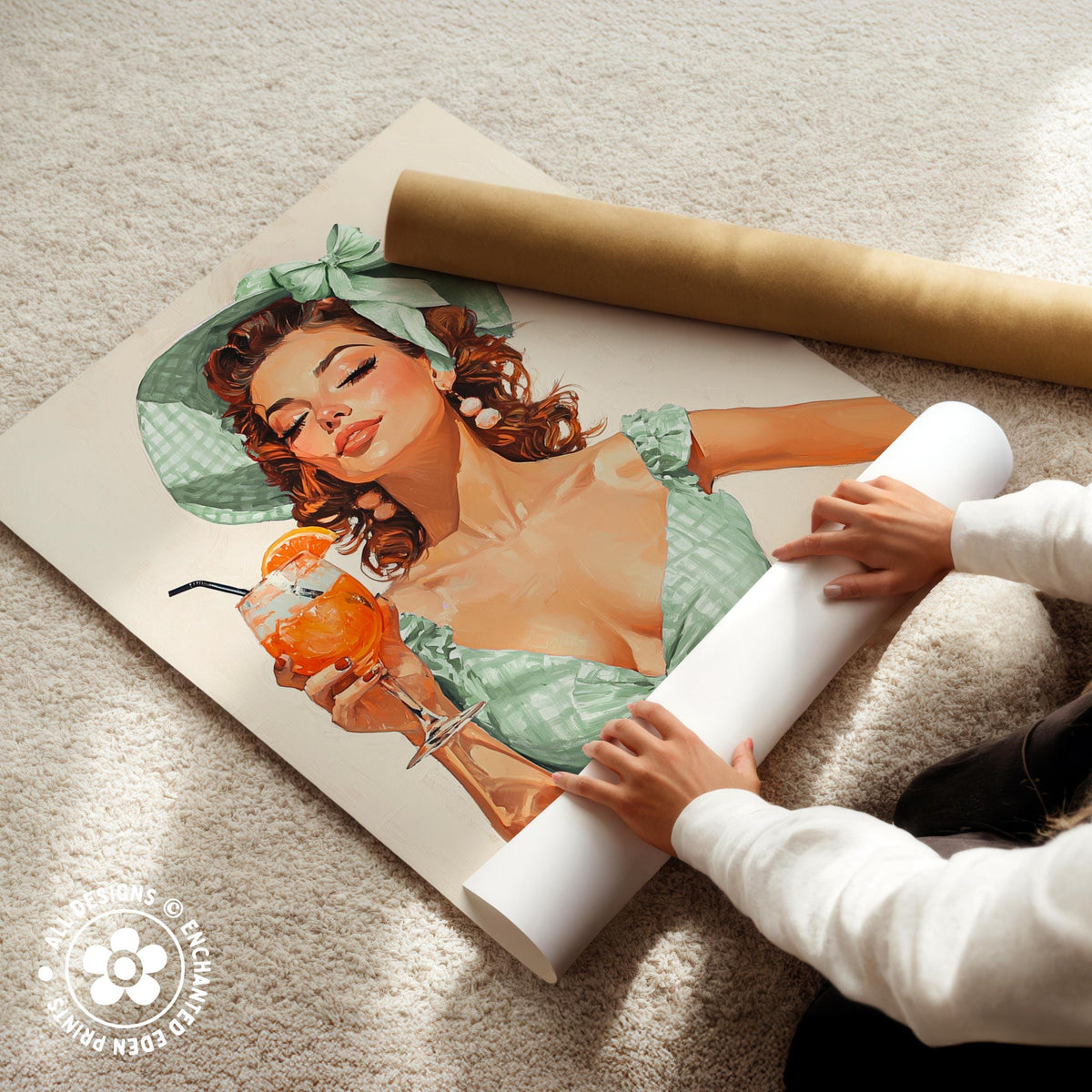 A person is holding a roll of paper and placing it under a large painting of a woman with a drink.