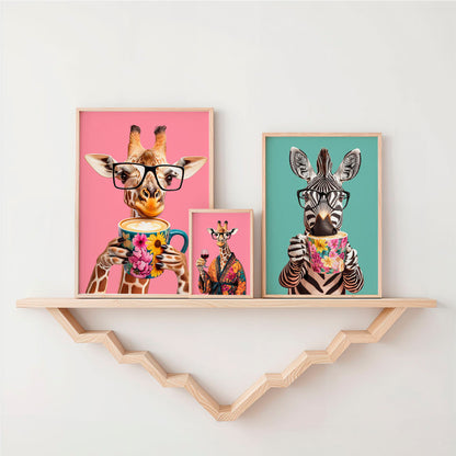 a couple of giraffes are on a shelf