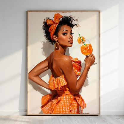A woman in an orange dress holding a glass of orange juice.