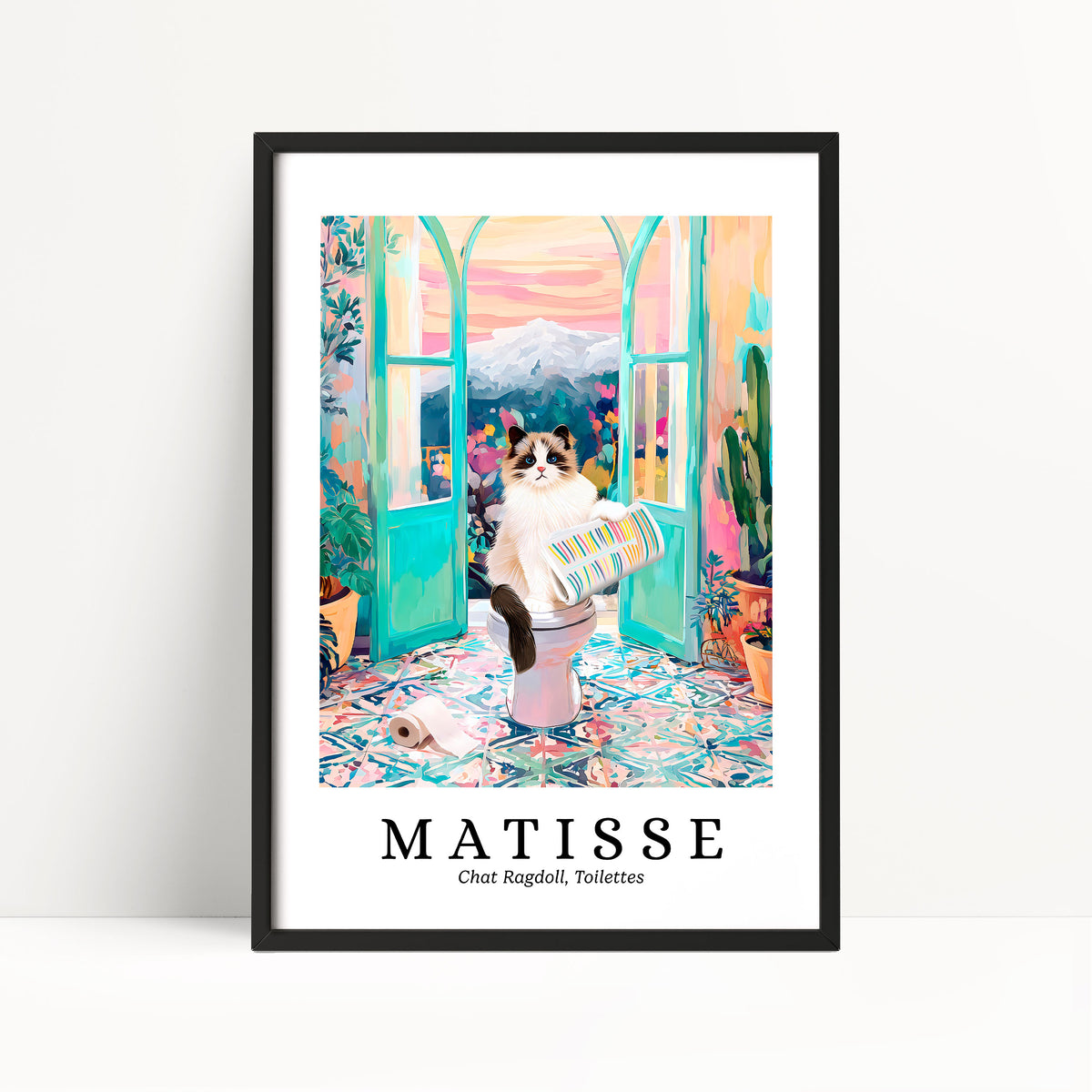 A framed poster depicting a cat sitting on a toilet in a colorful, whimsical setting with a mountain landscape in the background.