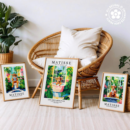 three framed prints of the famous painting "Matisse" by the artist Henri Matisse, displayed on a wooden floor in front of a wicker chair.