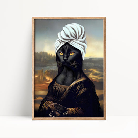 The image is a framed painting depicting a black cat wearing a white turban, with a landscape in the background.