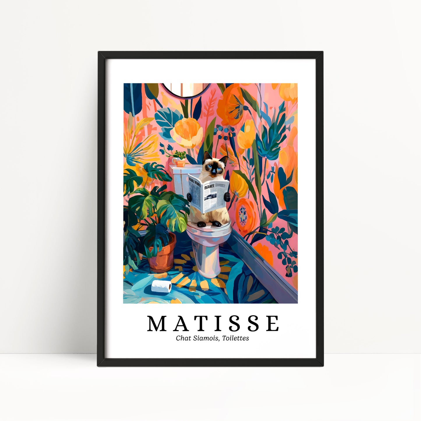 The image is a framed poster featuring a colorful and whimsical illustration of a toilet surrounded by various plants and flowers.
