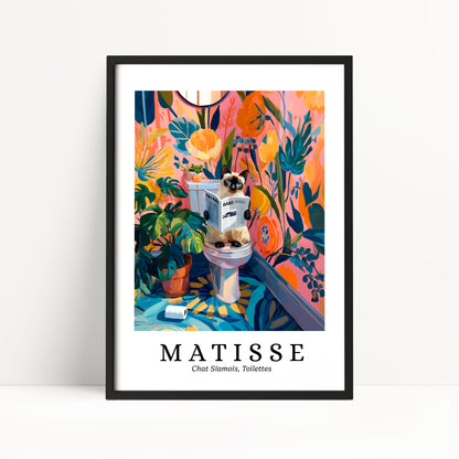 The image is a framed poster featuring a colorful and whimsical illustration of a toilet surrounded by various plants and flowers.