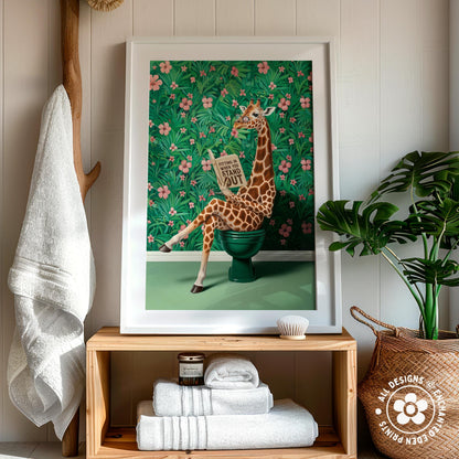 A framed illustration of a giraffe sitting on a green toilet in a bathroom setting, surrounded by a floral background.