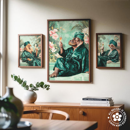 a wooden cabinet with a vase of greenery and a stack of books on top. Above the cabinet, there are three framed paintings depicting people in green robes, each holding a drink.