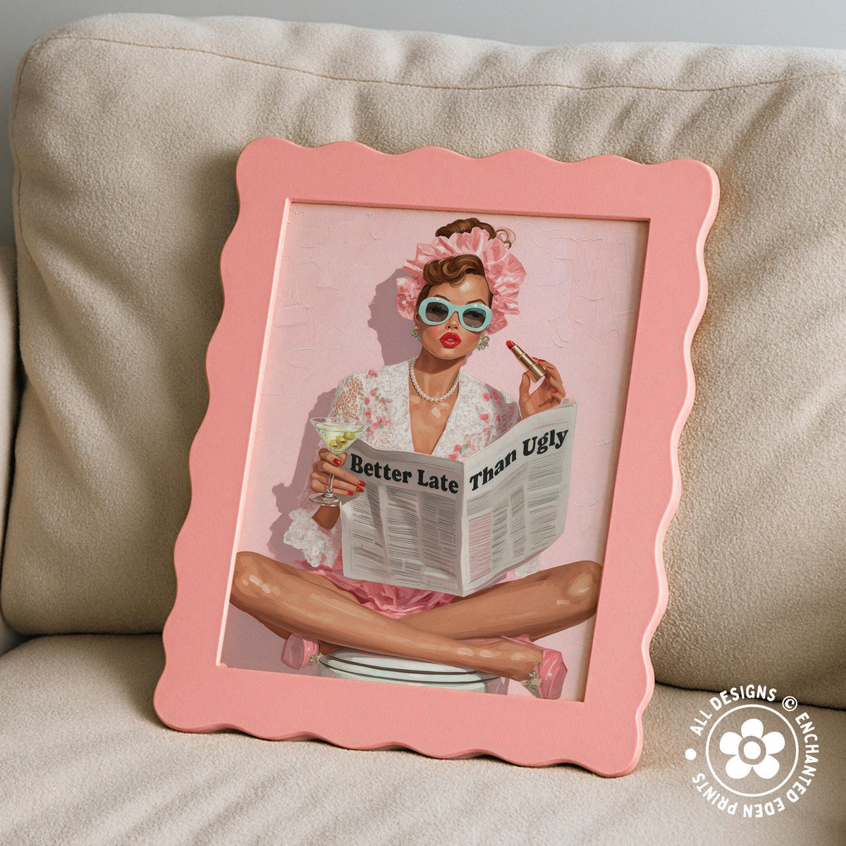 Retro Coquette Wall Art – 1950s “Better Late Than Ugly” Quote Print