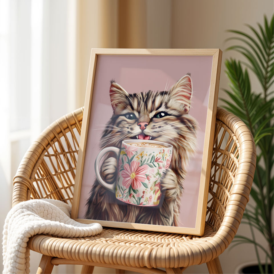a picture of a cat holding a coffee cup