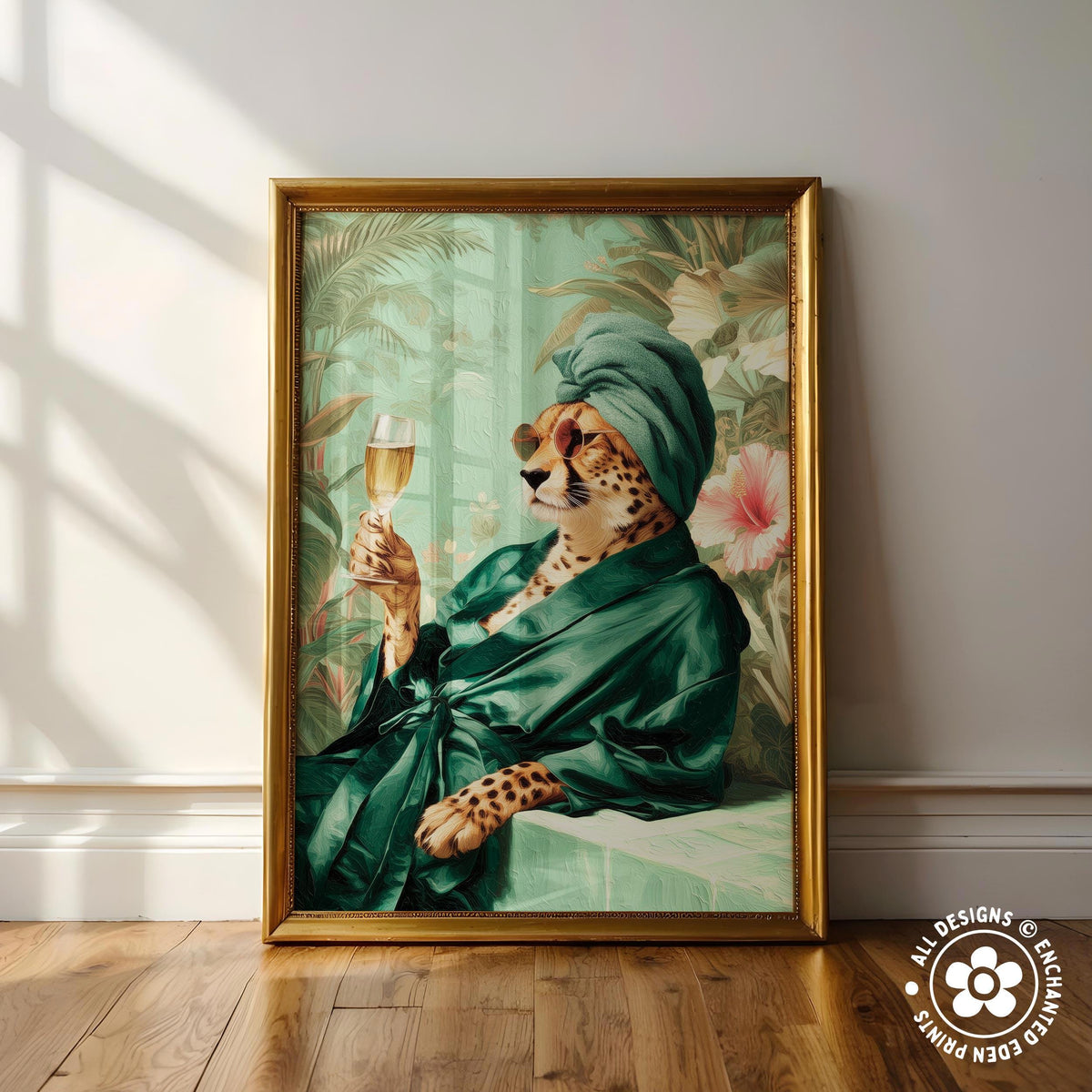 A framed painting depicting a leopard wearing a green robe and holding a glass of wine, with a tropical background.