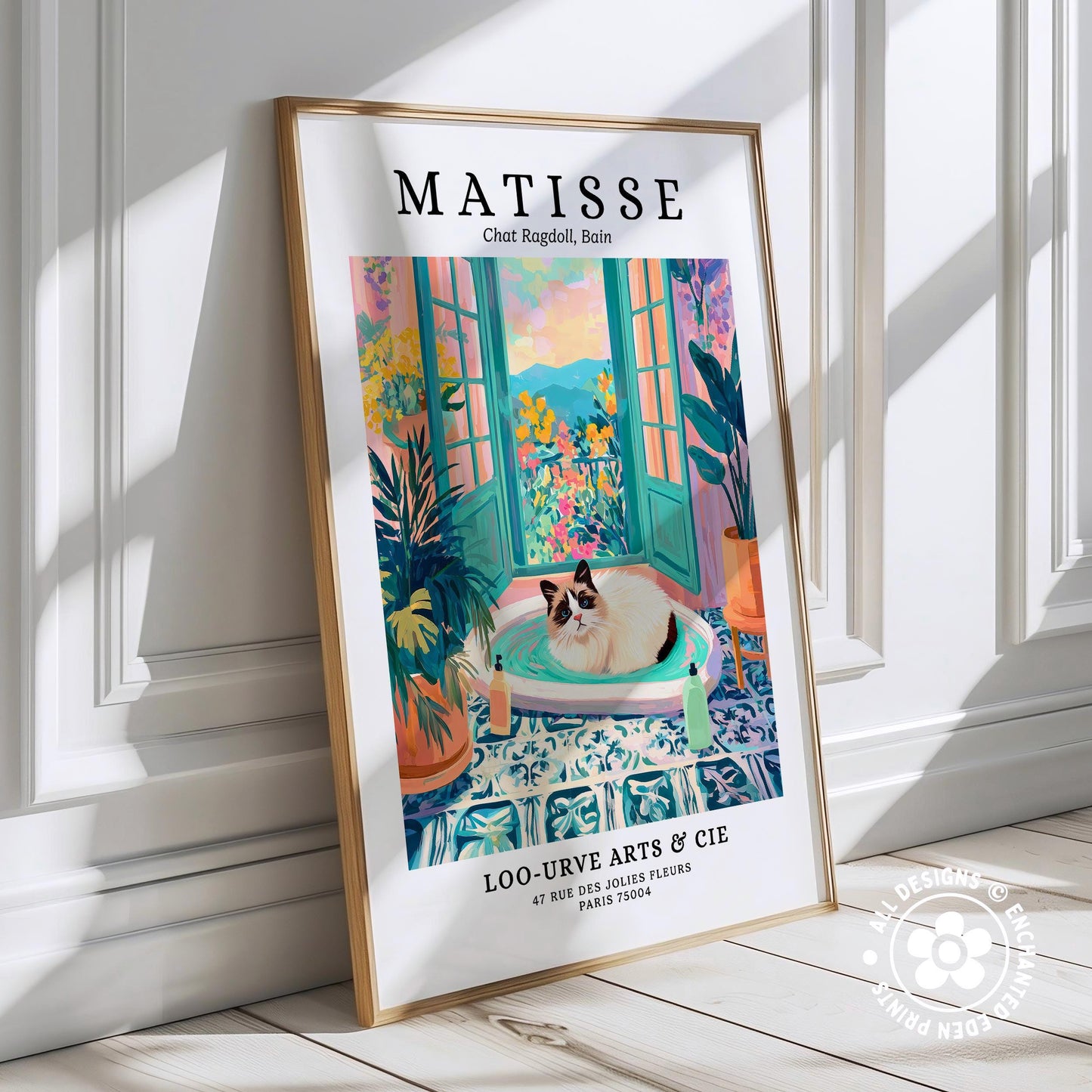 The image is a framed poster featuring an illustration of a cat sitting in a colorful, tropical-style room with a window and plants.