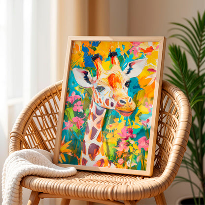 a painting of a giraffe on a wicker chair
