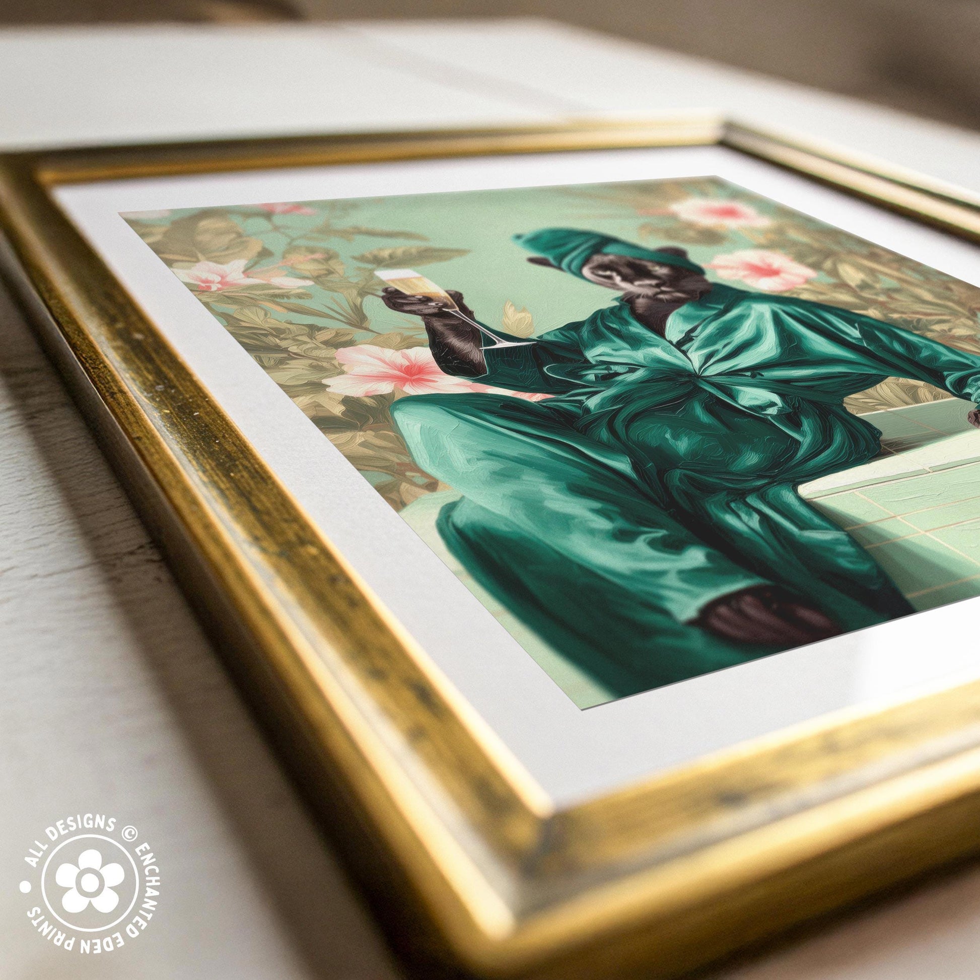 a painting of a person wearing a green robe and hat, holding a drink and surrounded by flowers.