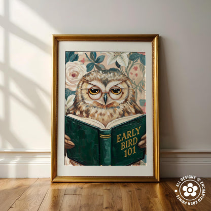 Funny Owl Reading Book Art – Quirky Bird Lover Wall Decor