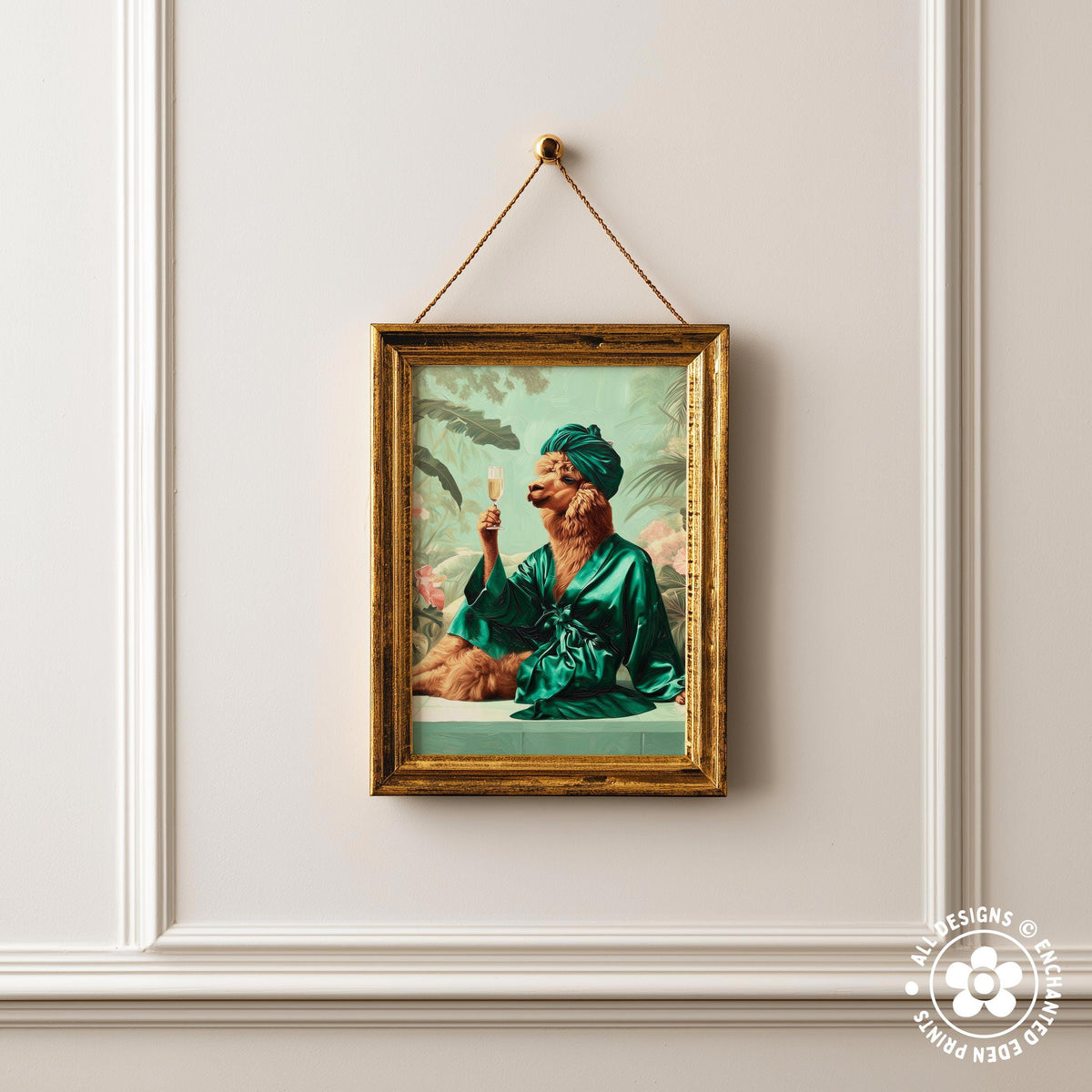 a framed painting of a person in a green robe, holding a drink, with a tropical background.