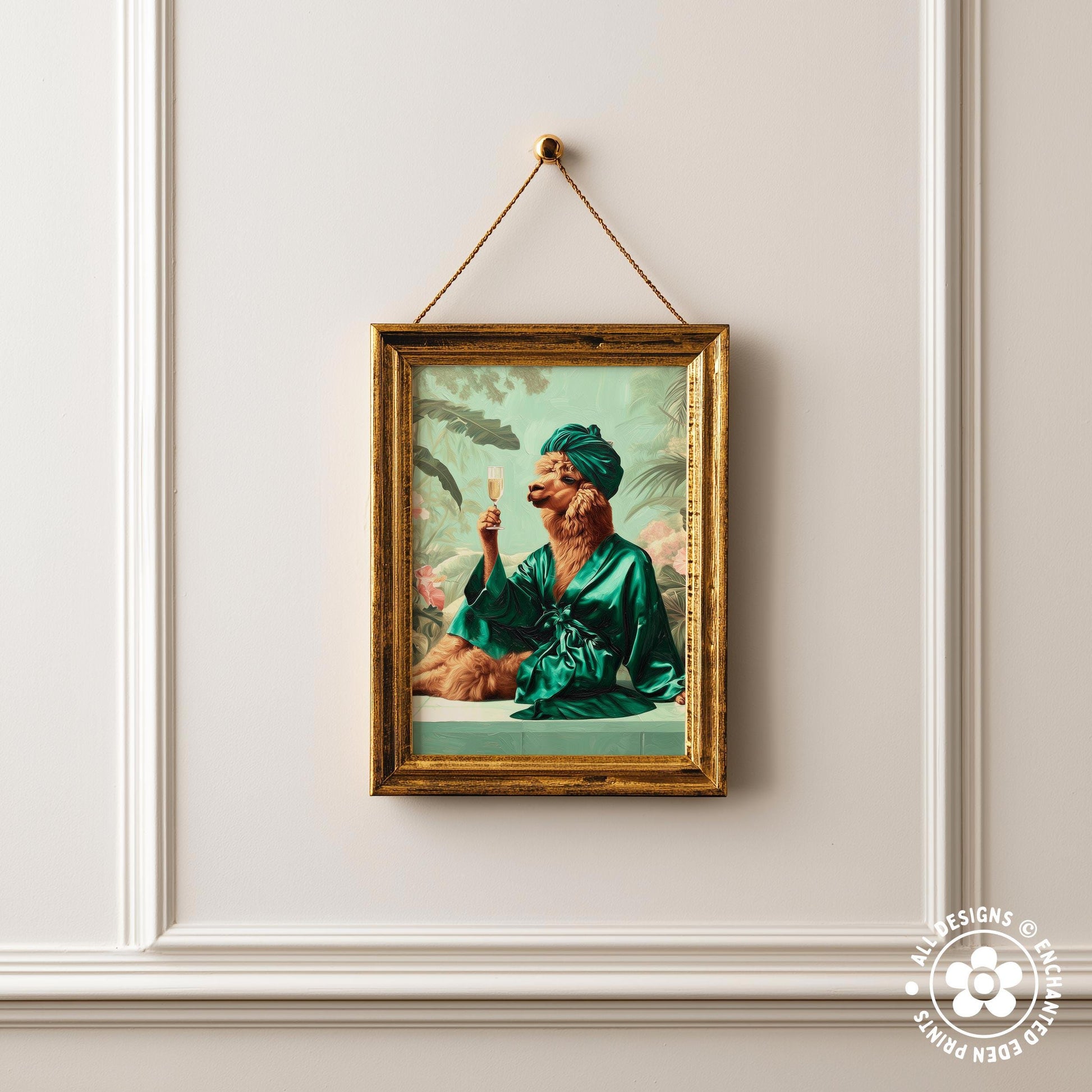 a framed painting of a person in a green robe, holding a drink, with a tropical background.
