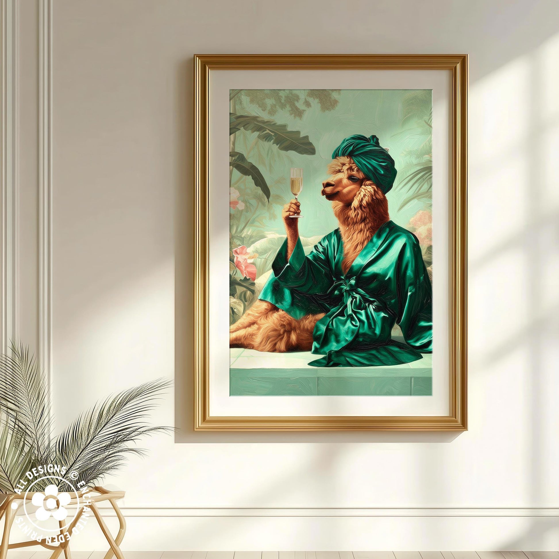 A framed painting depicting a person in a green robe and turban sitting and holding a glass of wine.