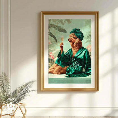 A framed painting depicting a person in a green robe and turban sitting and holding a glass of wine.