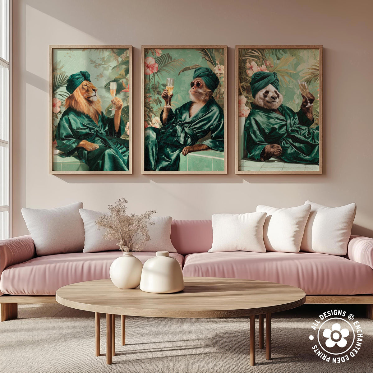 a cozy living room with a pink sofa and a wooden coffee table. Above the sofa, there are three framed pictures depicting animals in green robes, each holding a wine glass.
