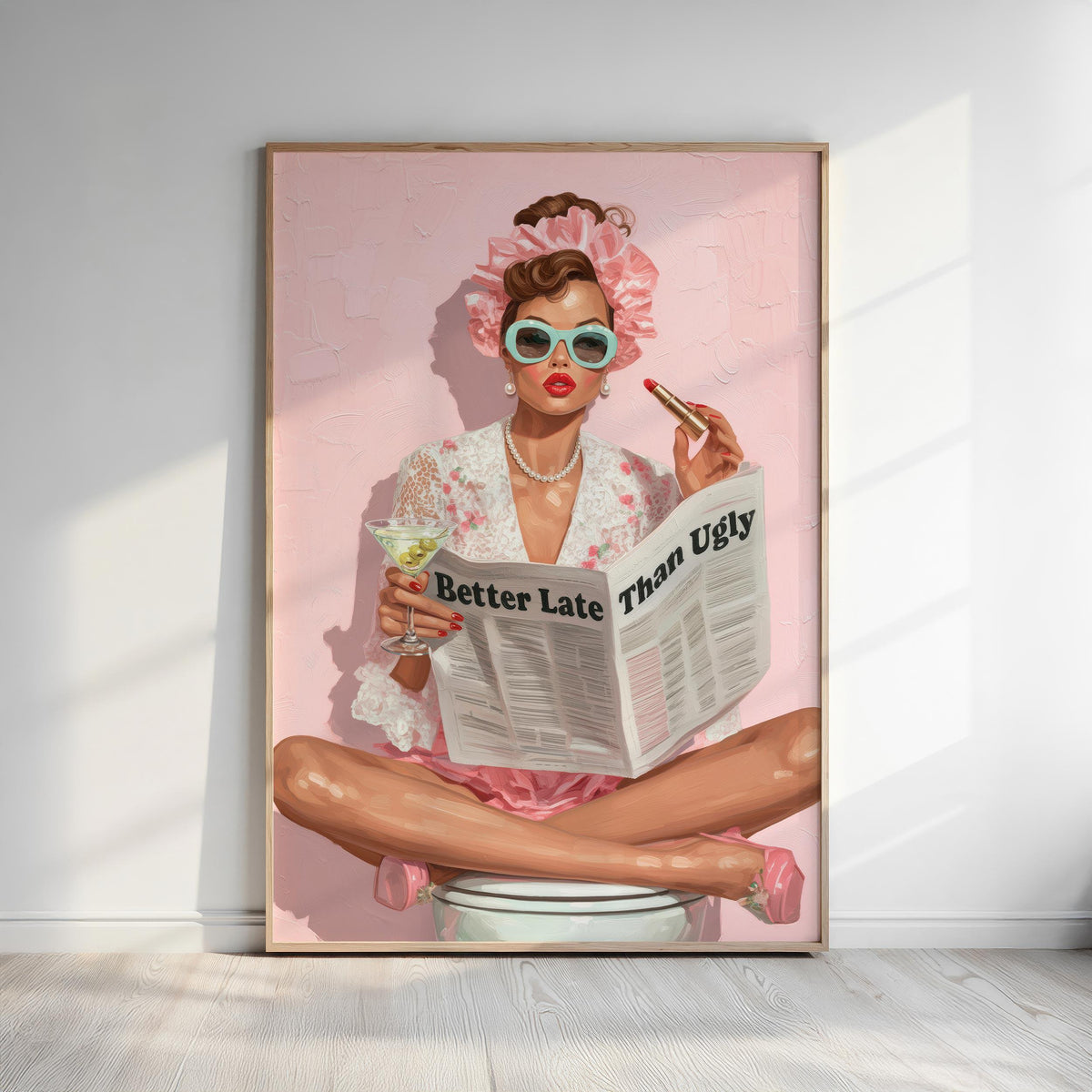 Retro Coquette Wall Art – 1950s “Better Late Than Ugly” Quote Print