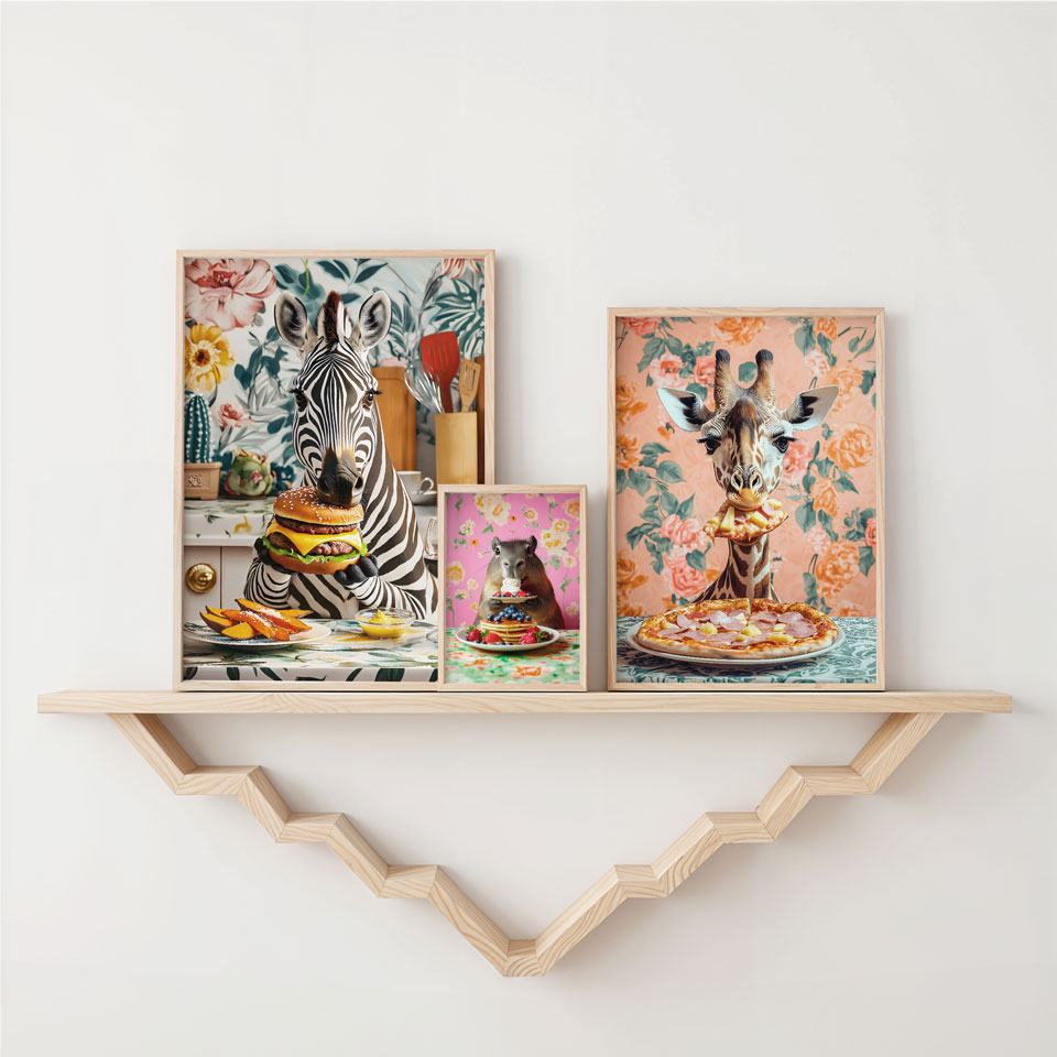 a shelf with three pictures of animals on it