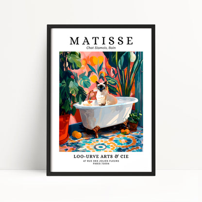 The image is a framed poster featuring a painting of a cat sitting in a bathtub surrounded by tropical plants and flowers.
