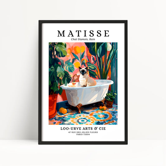 The image is a framed poster featuring a painting of a cat sitting in a bathtub surrounded by tropical plants and flowers.